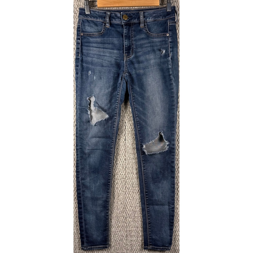 American Eagle Super Stretch Hi-Rise Jegging Size 4 Blue Distressed Ripped Jeans